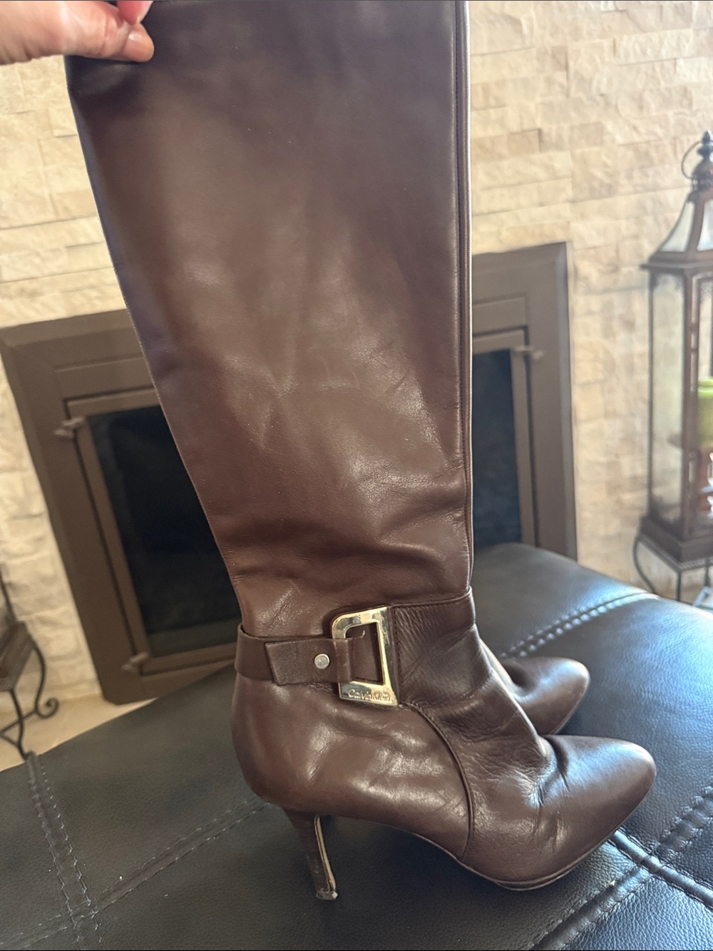 Calvin Klein Brown Leather Knee-High Stiletto Boots